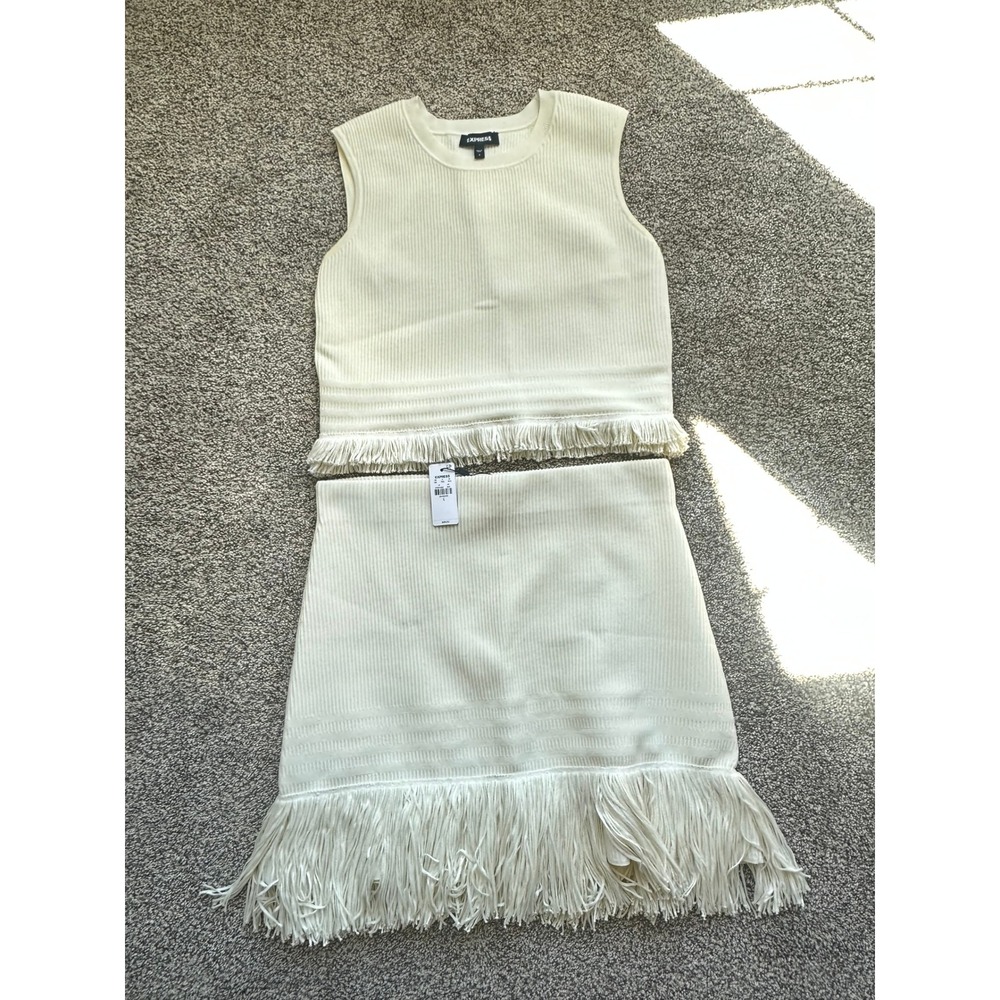 Express Ribbed Fringe Sweater Set Cream Off White Top S Skirt L 07650465